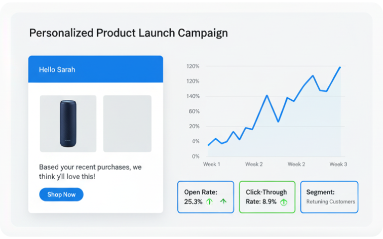 Screenshot mockup of a segmented, personalized email campaign, with a graph showing rising open rates - Clicktots Technologies