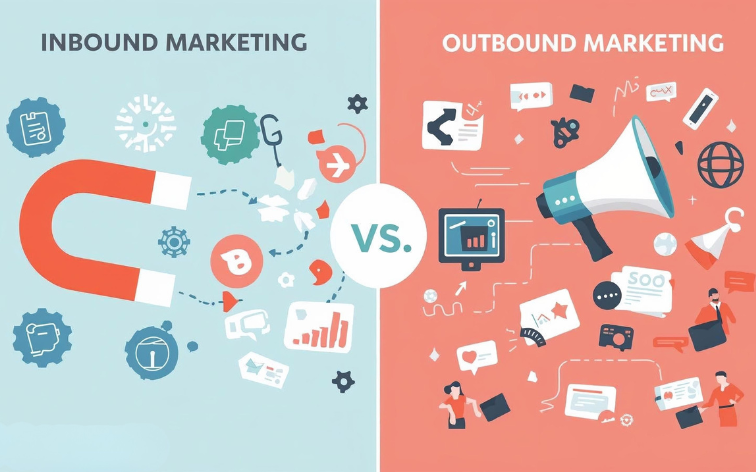 Split-image graphic of inbound vs outbound - Clicktots Technologies